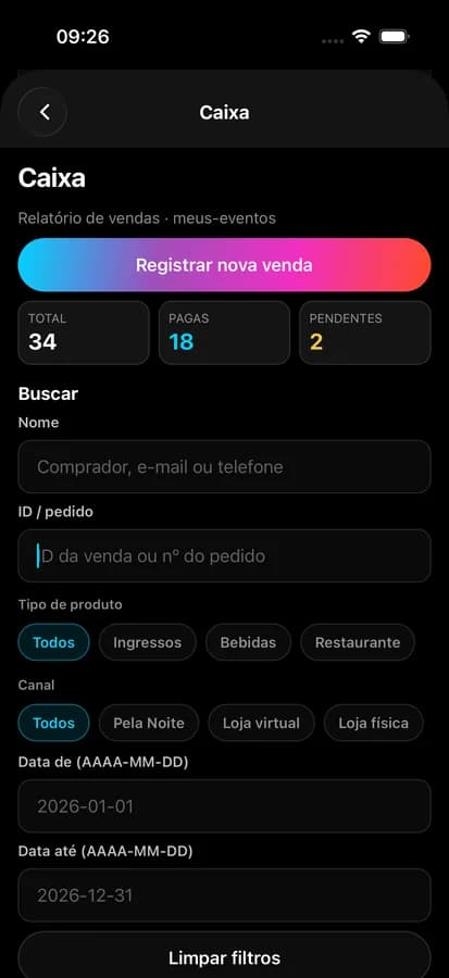 App Pela Noite — caixa de vendas