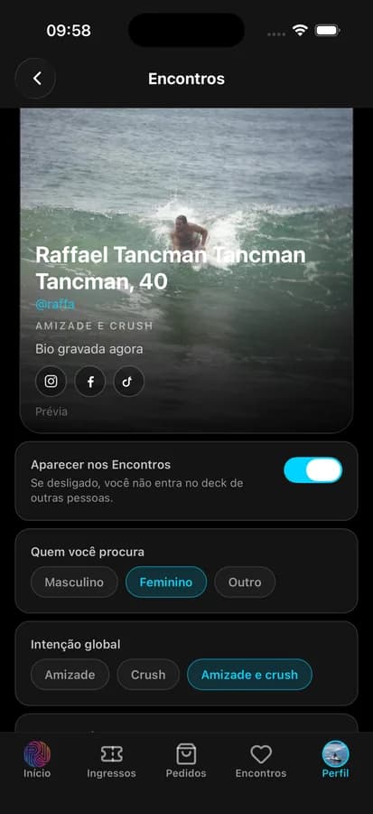 App Pela Noite — perfil e preferências de Encontros