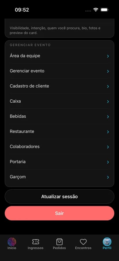 App Pela Noite — gerenciar evento